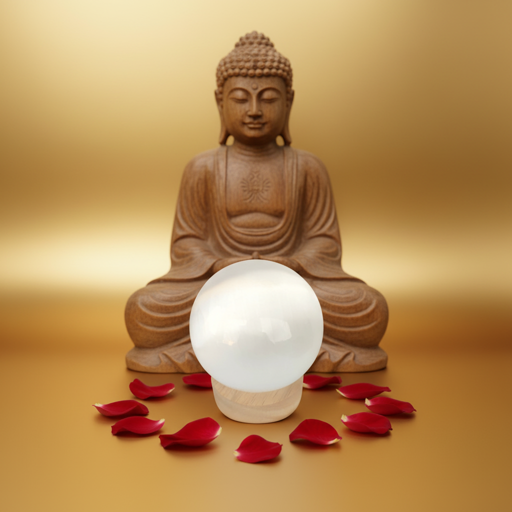 Esfera de selenita blanca premium con figura de Buda de madera y pétalos de rosa roja sobre fondo dorado