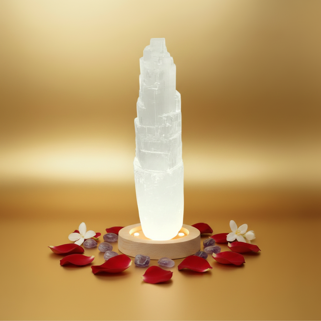 Torre selenita 20 cm sobre base led de madera con petalos de flores rojas y flores blancas sobre fondo dorado