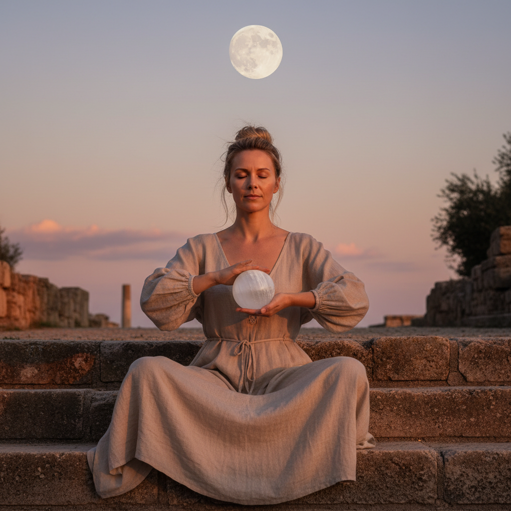 Mujer meditando en templo antiguo con esfera de selenita blanca en atardecer con luna llena en el cielo