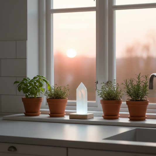Lampara de selenita sobre base led de madera con plantas bonitas a su lado