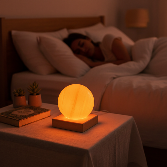 Mujer durmiendo en habitacion con lampara de selenita naranja