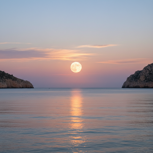 Paisaje de montañas en el mar y luna llena
