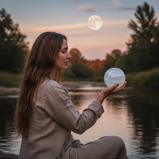 Mujer ritualizando esfera de selenita en luna llena