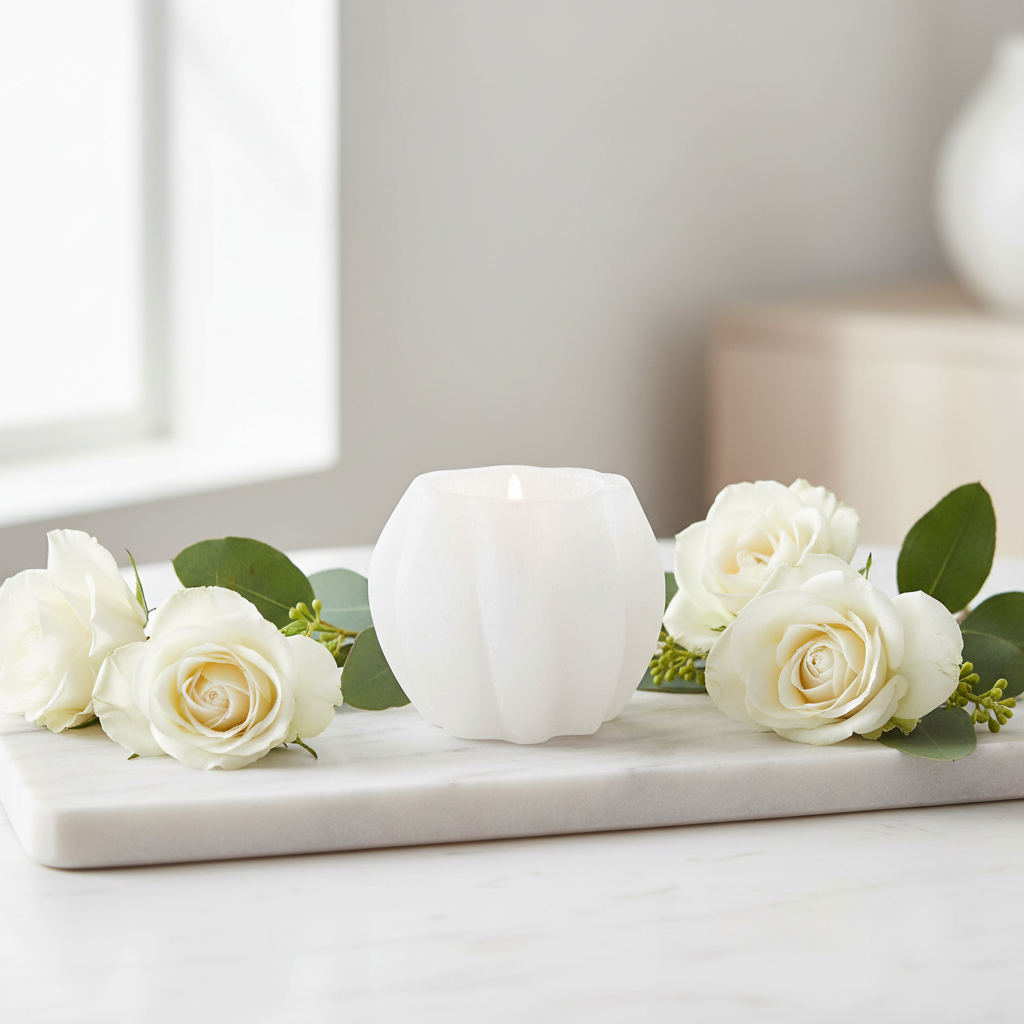 Portavelas de selenita blanca diseño en espiral minimalista para decoracion de interiores