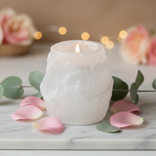 Portavelas de selenita blanca en mesa de marmol con flores rosas