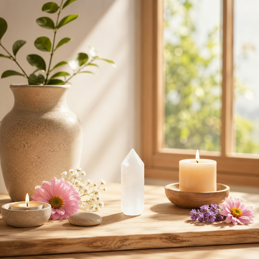 Punta de selenita blanca con velas y flores sobre mesa de madera en casa rural