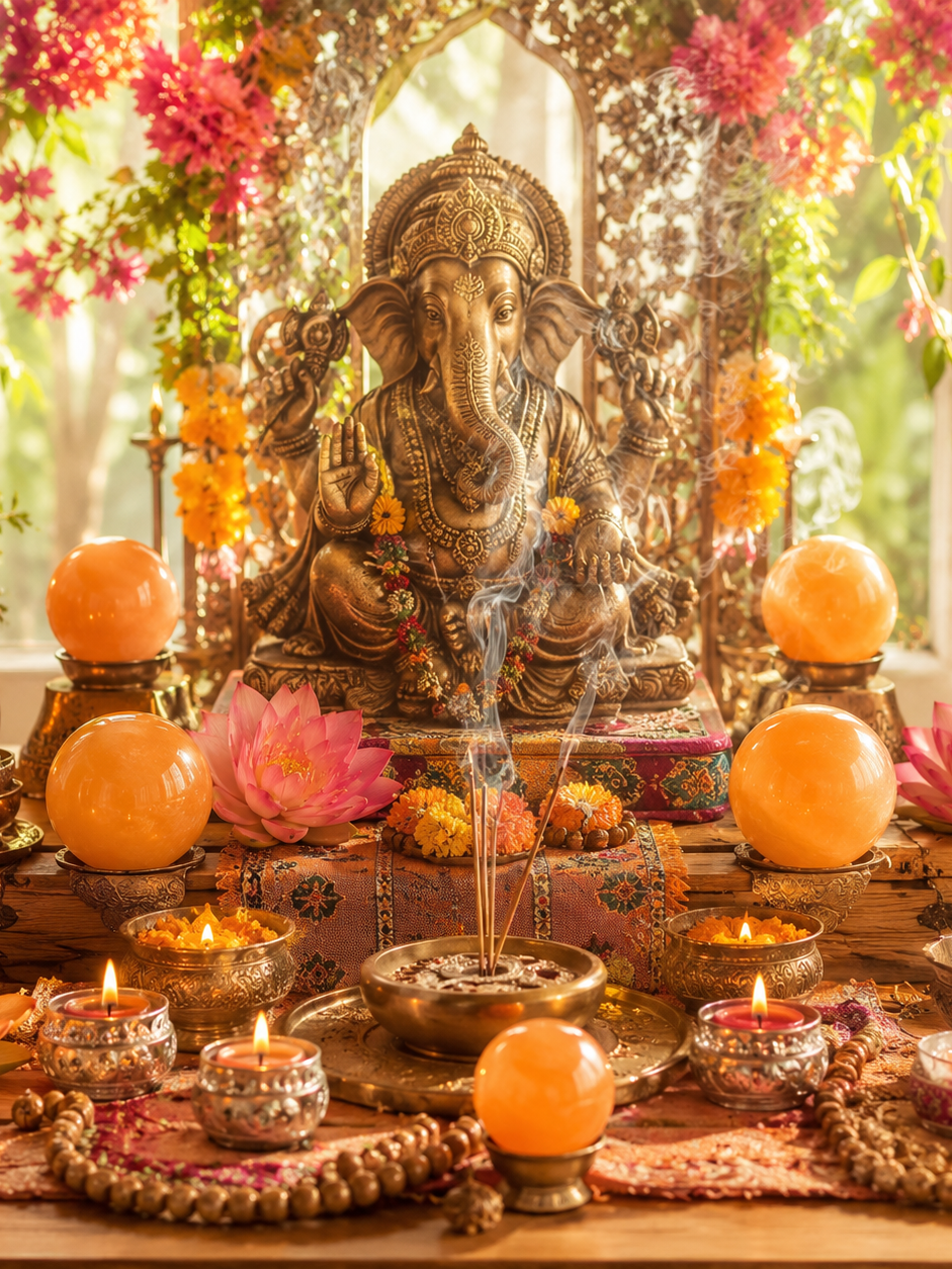 Altar de Ganesha de la India con esferas de selenita naranja calidad premium
