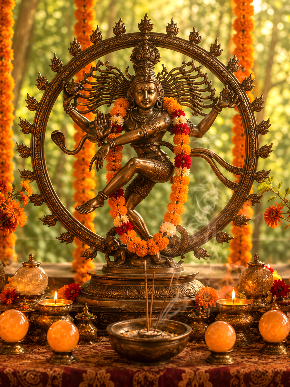 Escultura de bronce de Shiva decorada con esferas de selenita naranja pequeñas