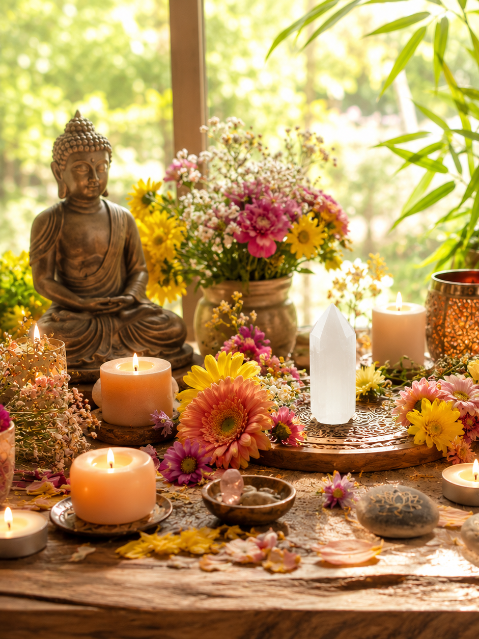 Punta de selenita pulida en altar con flores y Buda en meditacion