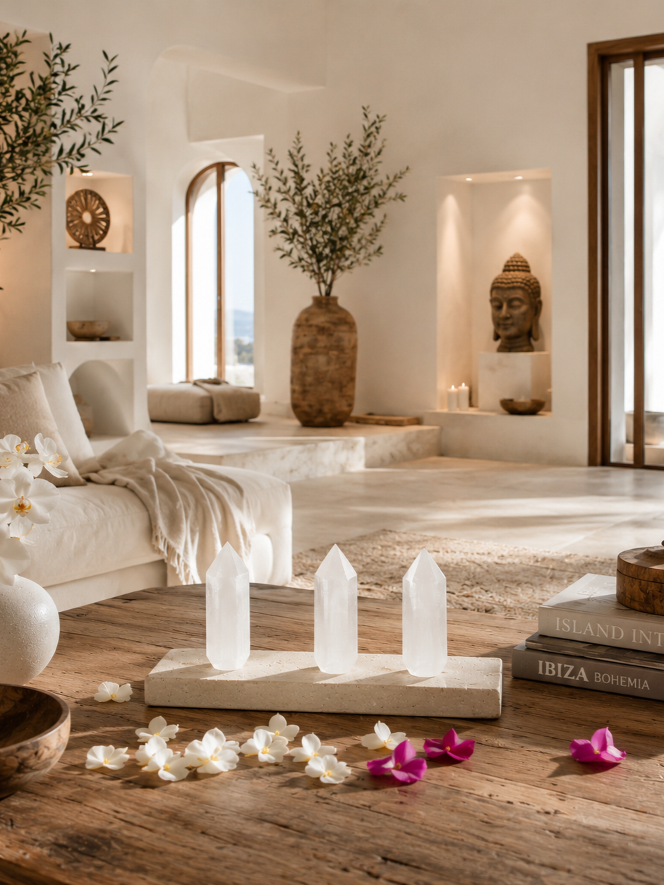 Tres puntas de selenita sobre madera decorativa en casa de estilo ibizenco