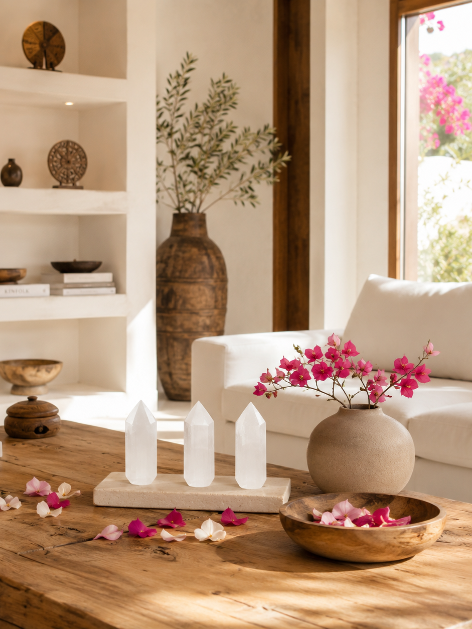 Tres puntas de selenita pulida natural en bandeja de madera  en casa de estilo ibizenco