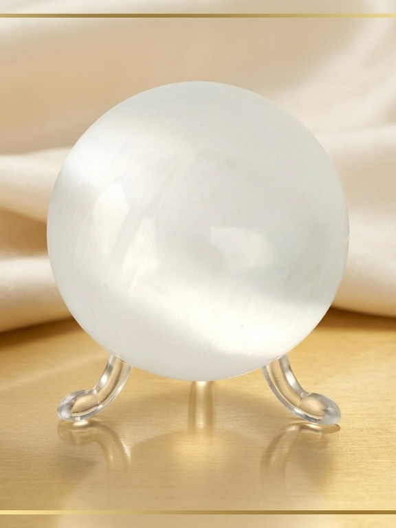 Esfera de selenita de 5 cm calidad premium sobre expositor de metraquilato y fondo dorado