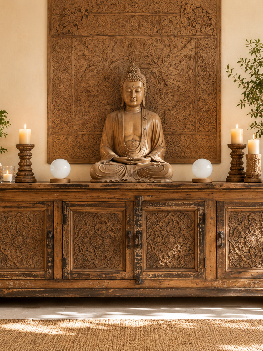 Esferas de selenitas sobre mueble rustico con buda de madera de decoracion
