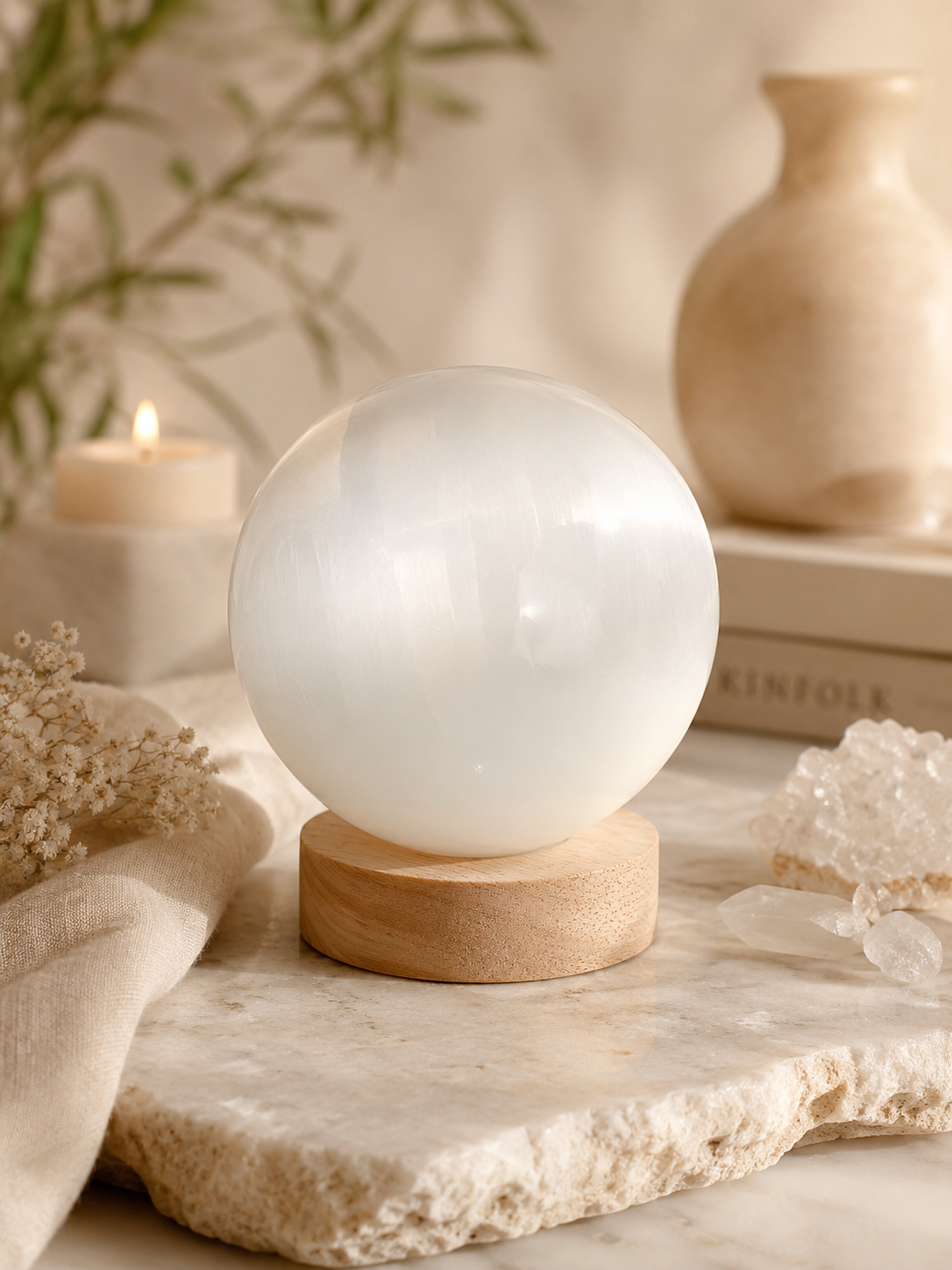 Esfera de selenita blanca premium para decoracion del hogar y limpieza de energías