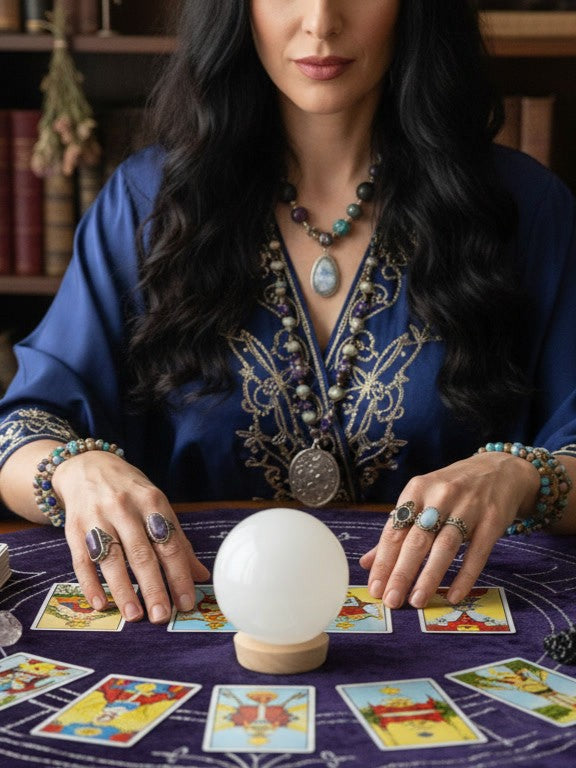 Esfera de selenita blanca sobre mesa de tarot 