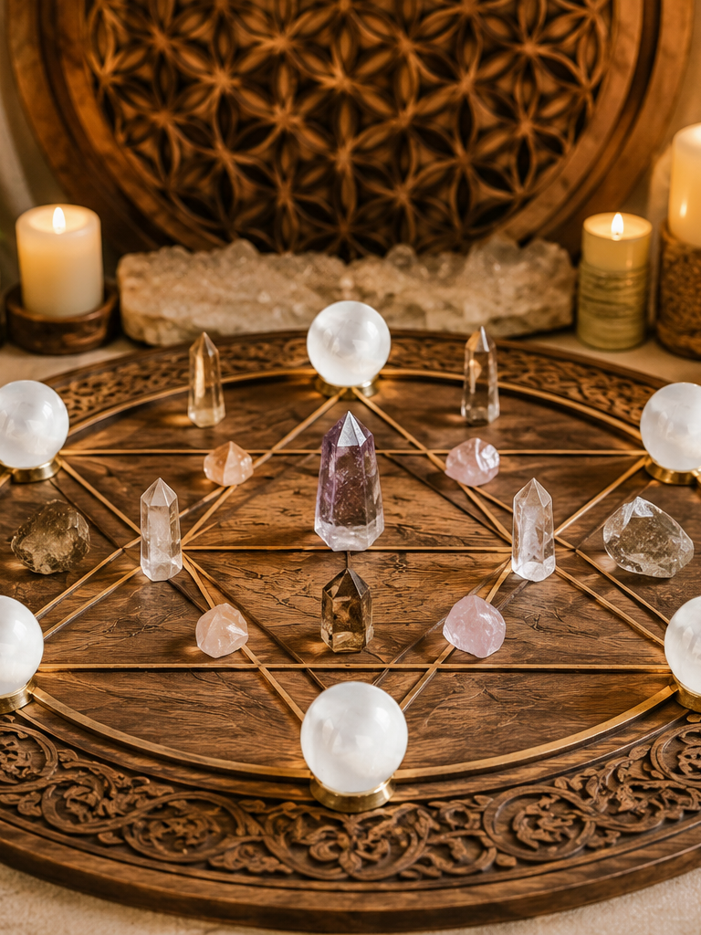Esferas de selenita de 5 cm en altar de cristales para rituales de magia blanca y reiki