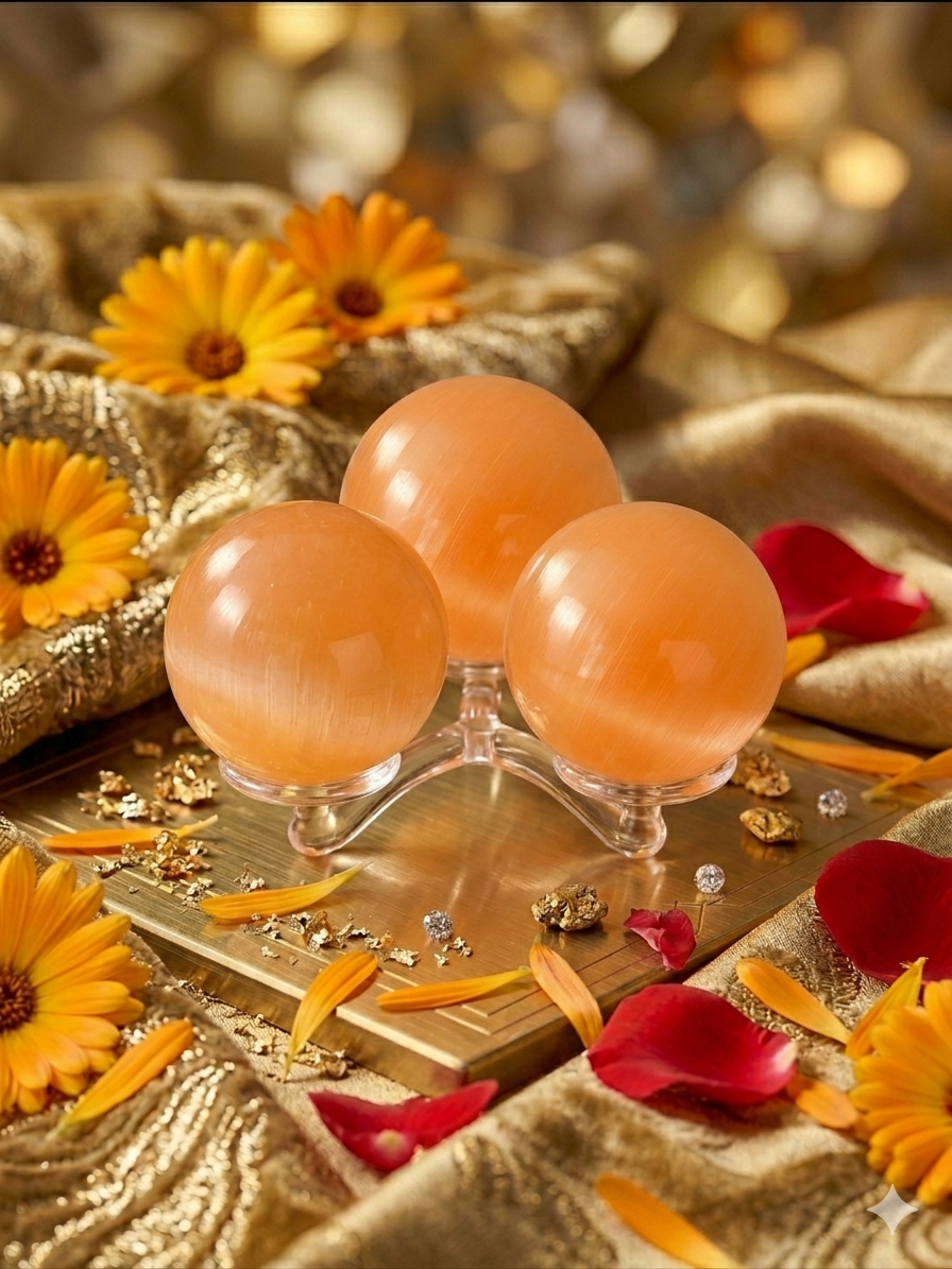 Esferas pequeñas de selenita naranja sobre fondo dorado