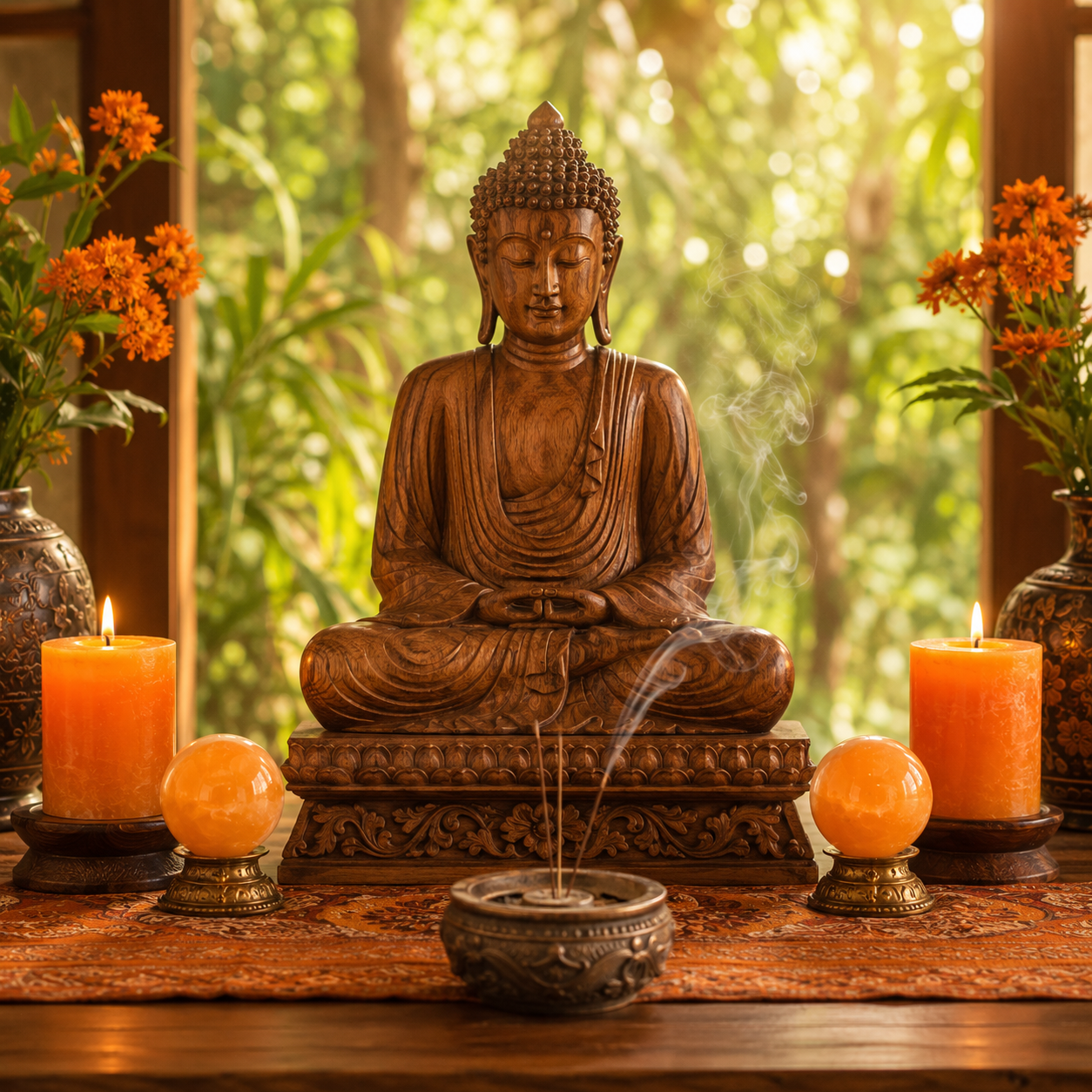Altar de Buda de madera con velas naranjas y esferas de selenita naranja pequeñas