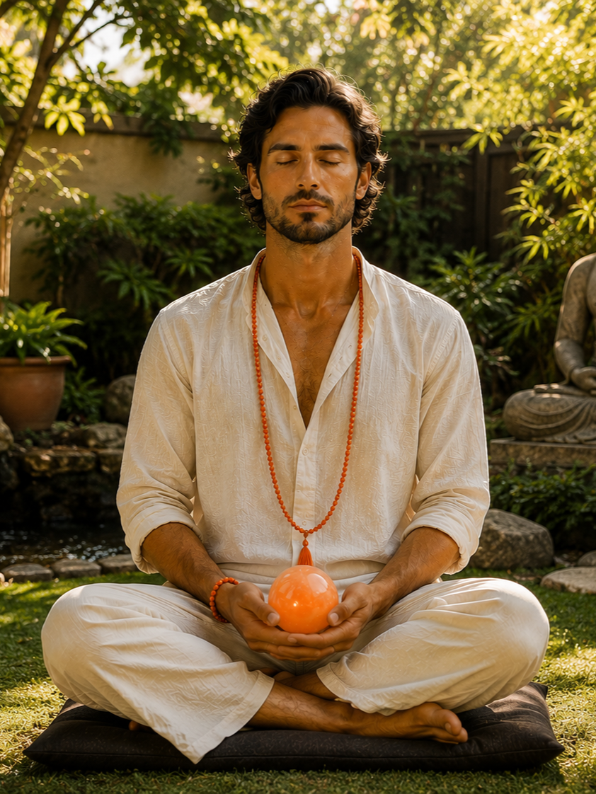 Hombre meditando con esfera de selenita naranja de 8 cm para armonia y reiki