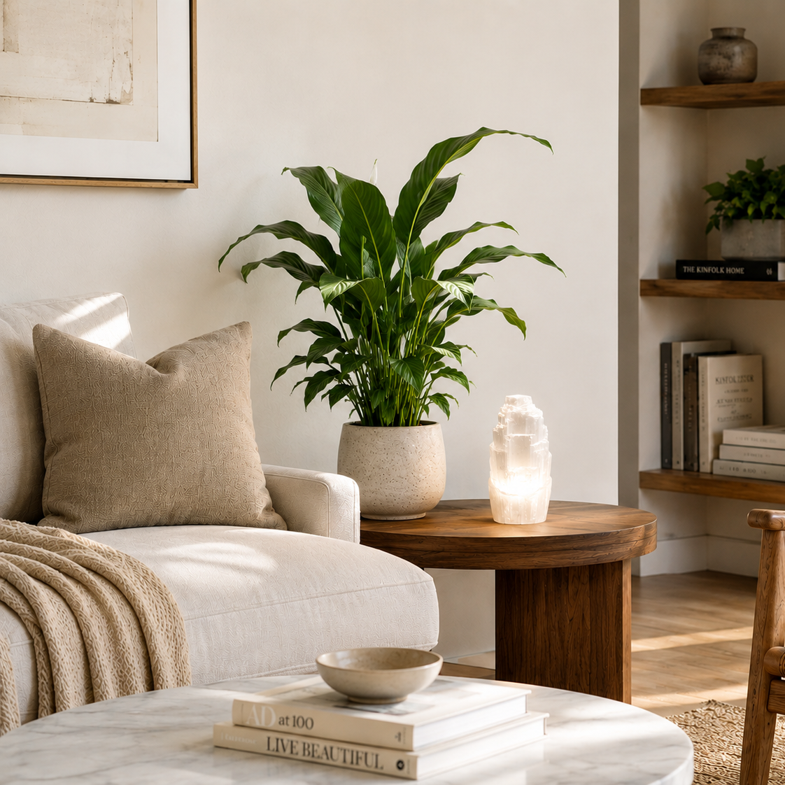 Lámpara de selenita natural en sala de estar con luz cálida y ambiente relajante