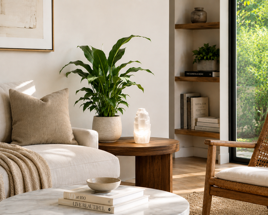 Lámpara de selenita natural en sala de estar con luz cálida y ambiente relajante