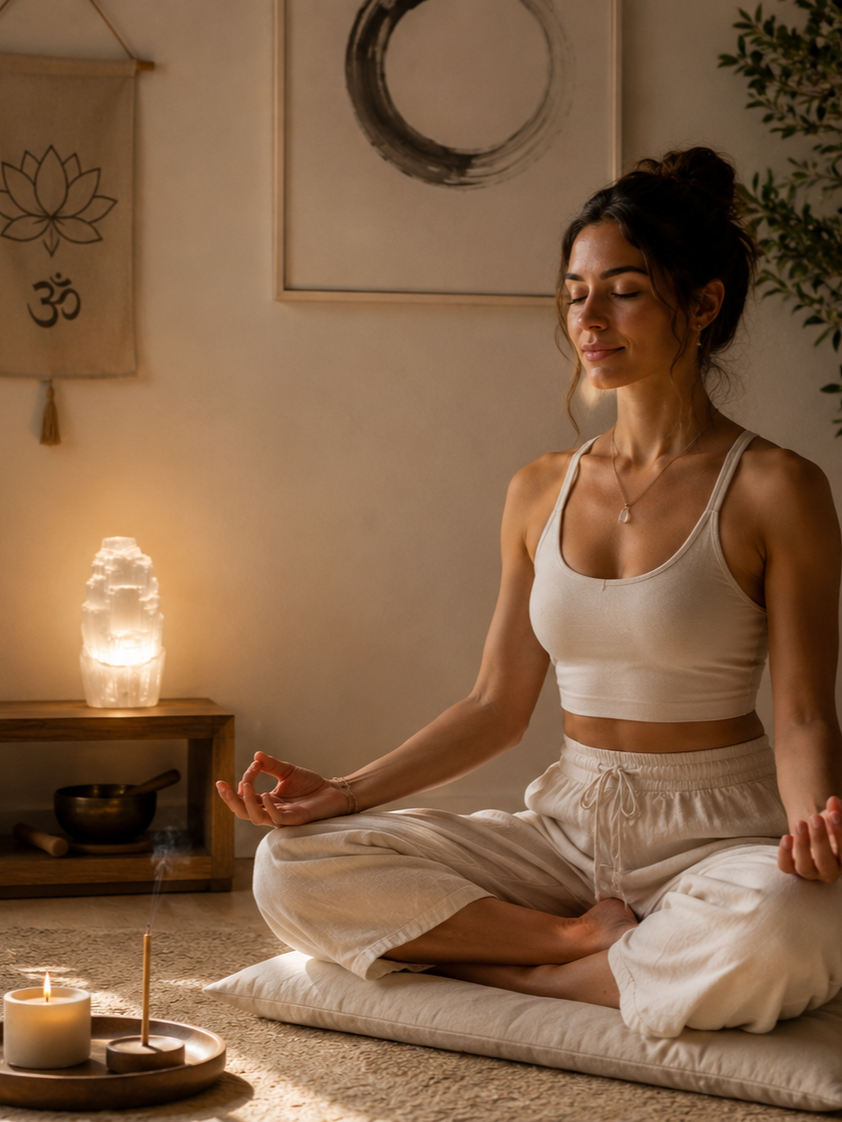 Mujer meditando junto a lámpara de selenita natural en sala de meditación zen