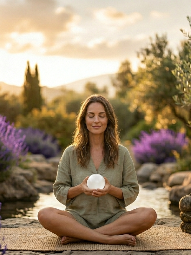 Mujer meditando con esfera de selenita blanca premium en la naturaleza
