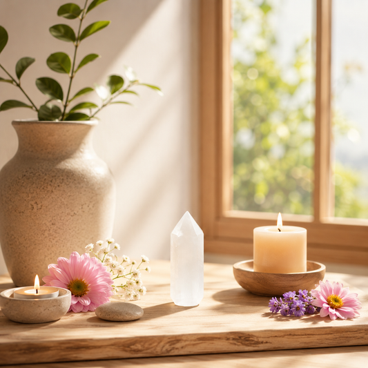 Punta de selenita natural pulida sobre madera  y decoración con velas y flores