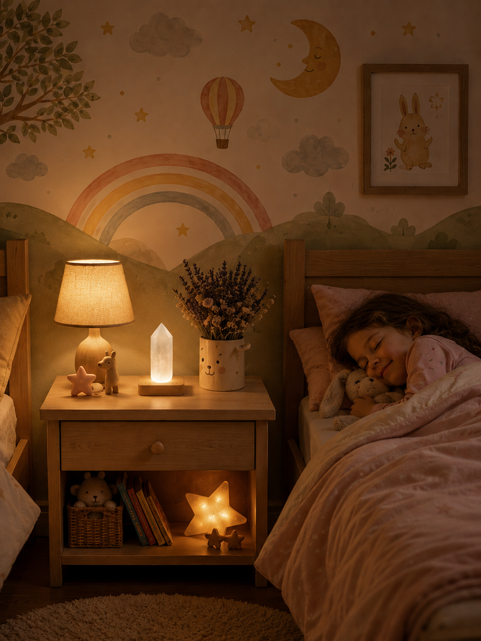 Punta de selenita blanca pulida sobre base de madera y luz LED en la habitación de una niña que está durmiendo