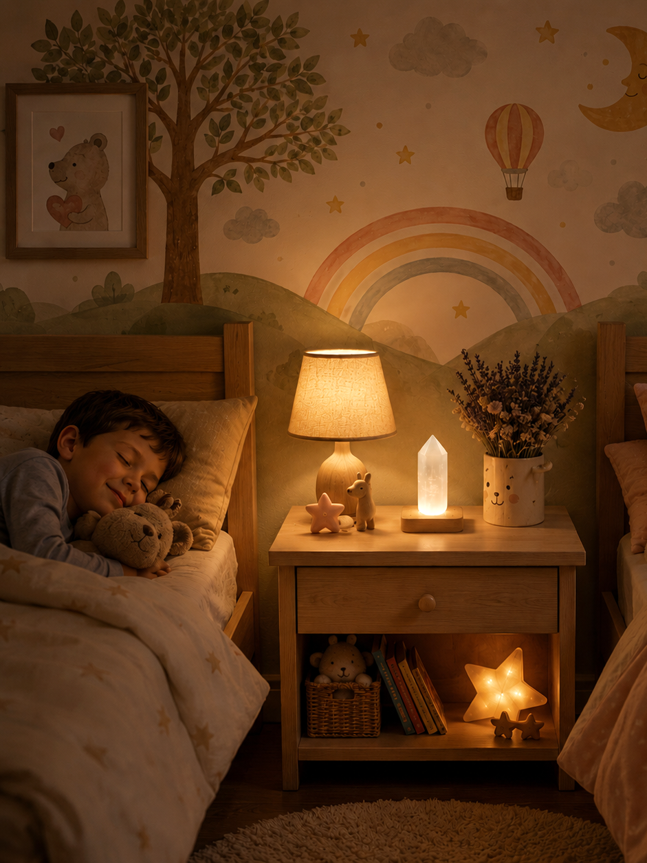 Punta de selenita sobre base de madera y luz LED en habitación para un niño