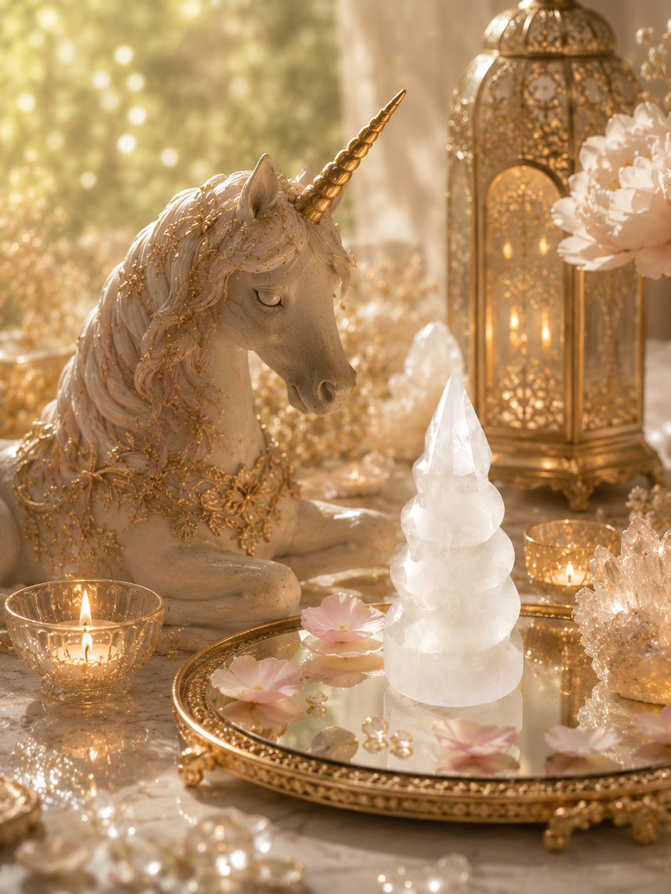 Torre de selenita espiral unicornio con unicornio de porcelana de pelo blanco y velas decoracion zen
