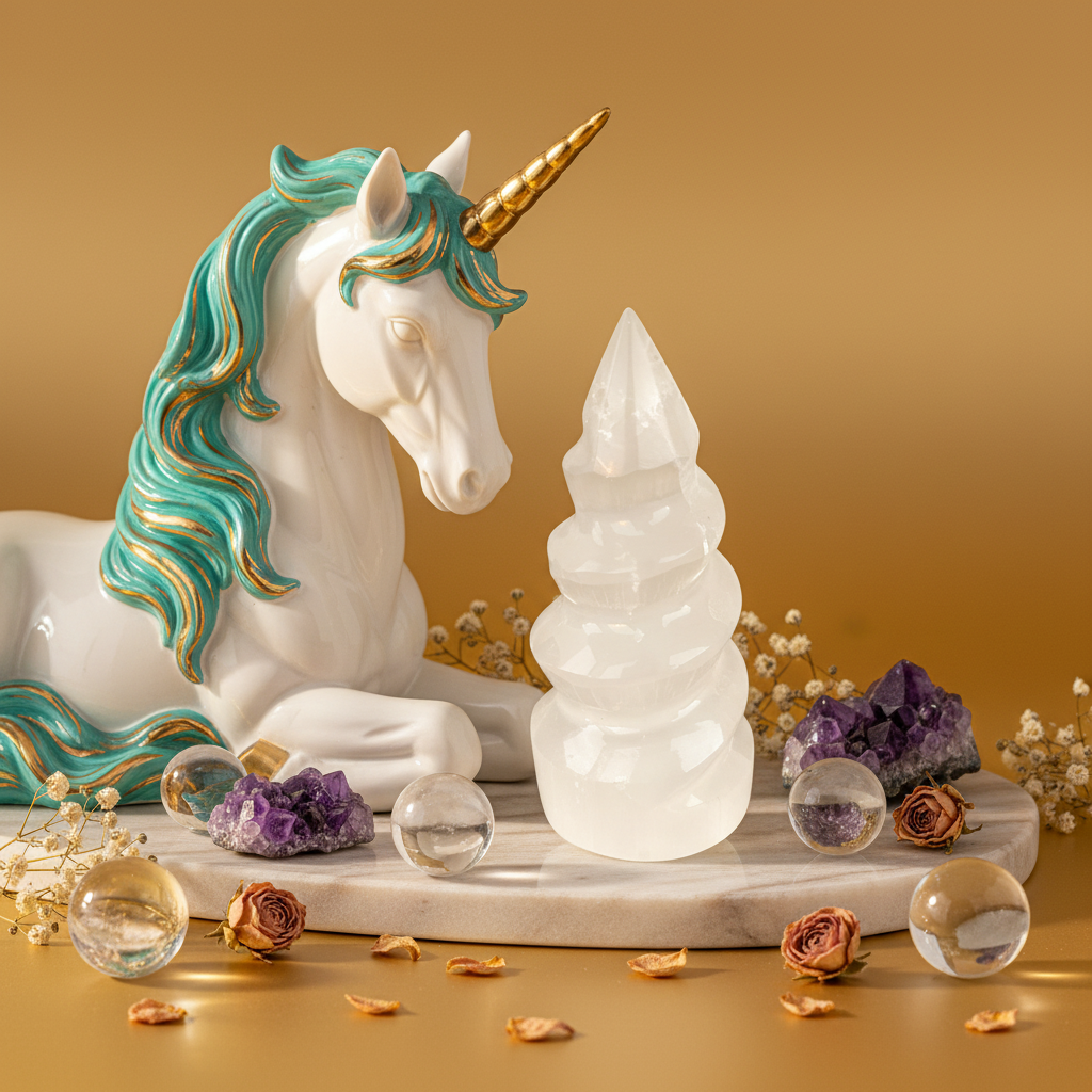 Torre espiral de selenita con unicornio porcelana turquesa y esferas de cuarzo sobre fondo dorado