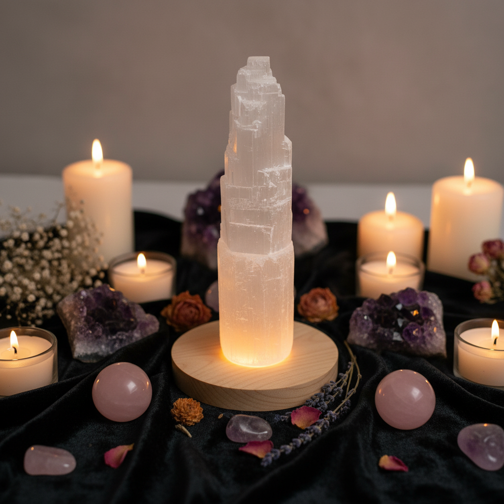 Torre de selenita de 20 cm sobre base led de madera en altar de cristales con velas blancas encendidas