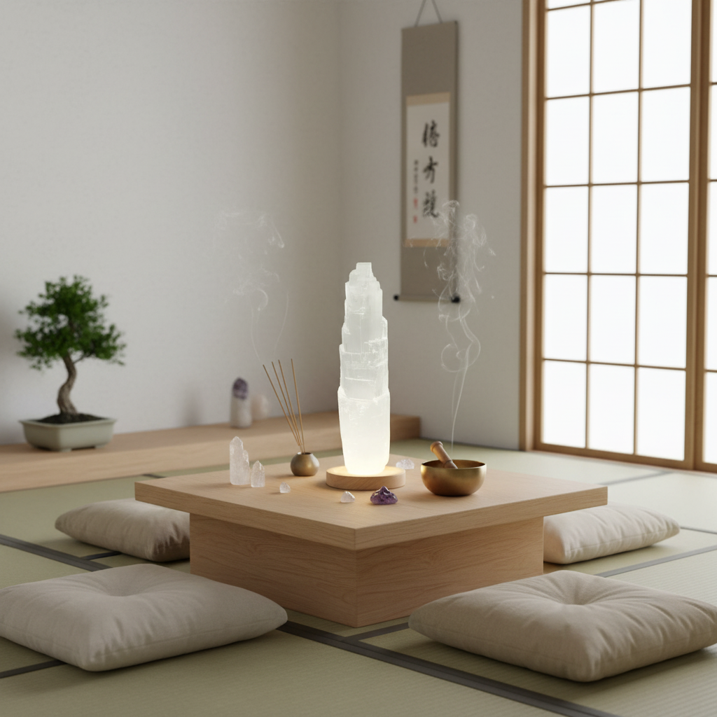 Torre de selenita blanca 20 cm sobre base led de madera en habitacion zen estilo Japon