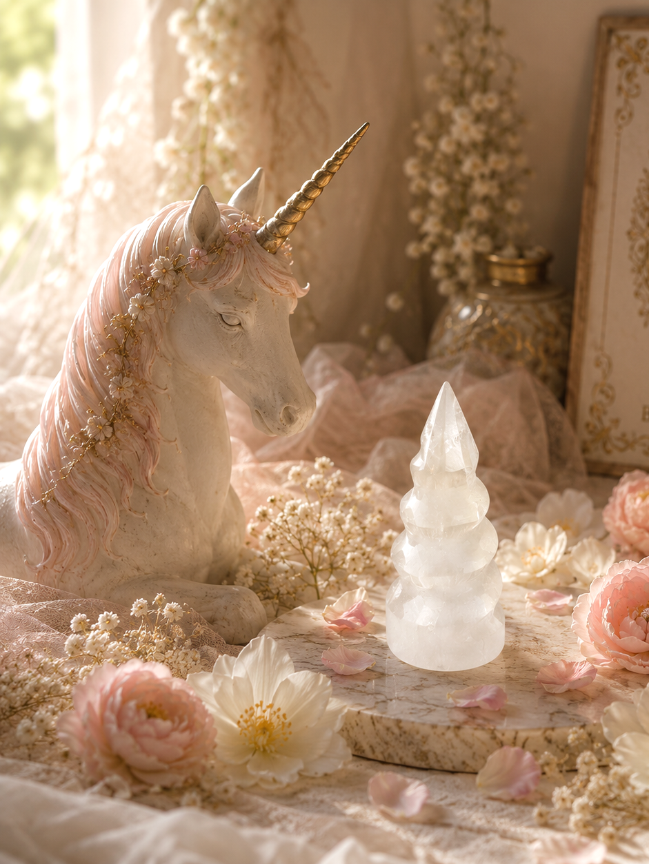 Torre selenita espiral unicornio con flores blancas y rosas decoracion habitacion infantil