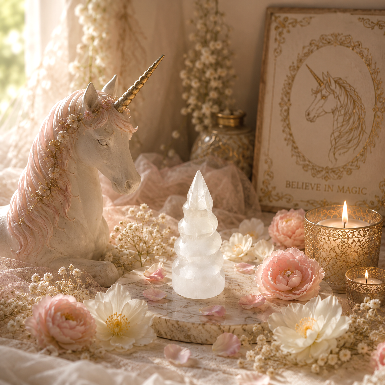 Torre de selenita espiral con unicornio de porcelana flores blancas y rosas y velas decoracion zen