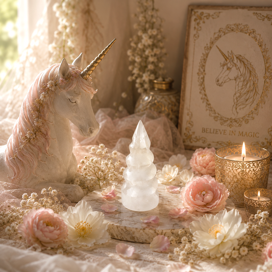 Torre de selenita espiral con unicornio de porcelana flores blancas y rosas y velas decoracion zen