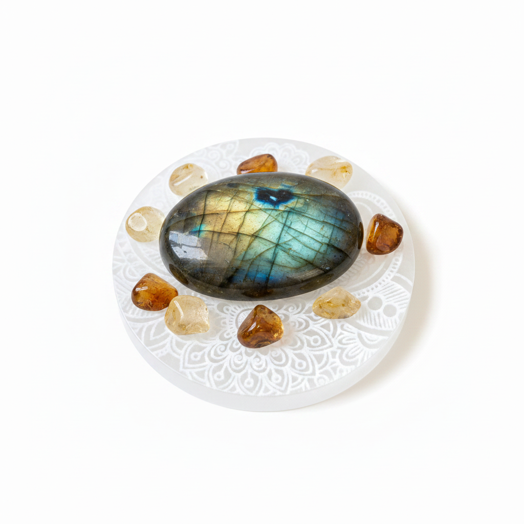 Placa de selenita para cargar minerales con labradorita y citrinos