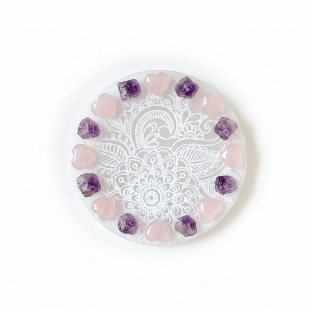Placa de selenita flor mandala con rodados de cuarzo rosay amatistas
