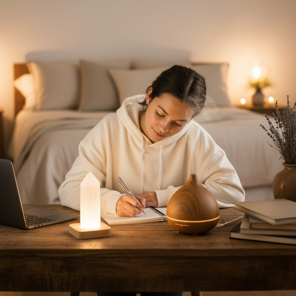 Chica escribiendo en su escritorio con lámpara punta de selenita, versión más clara