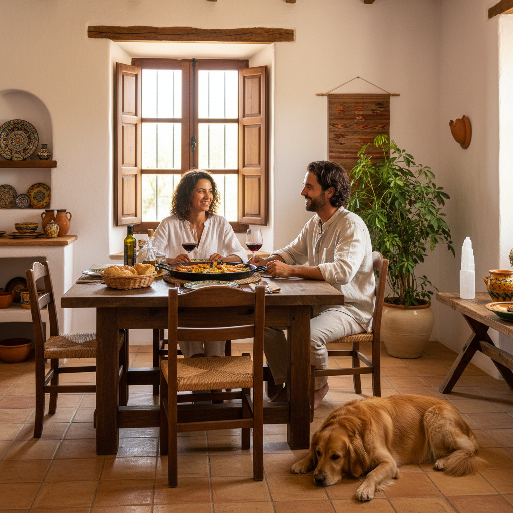 Torre de selenita de 20 cm en comedor español con matrimonio comiendo paella y copas de vino tinto