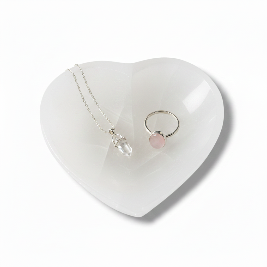 Cuenco corazon de selenita cargando minerales en joyeria de plata
