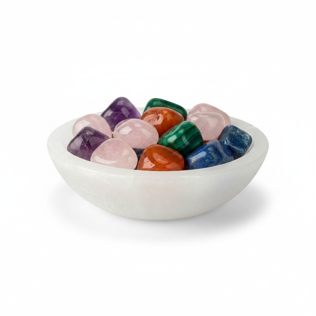 Cuenco de selenita 10cm con rodados de amatista, cuarzo rosa, cornalina, malaquita y lapislázuli sobre fondo blanco