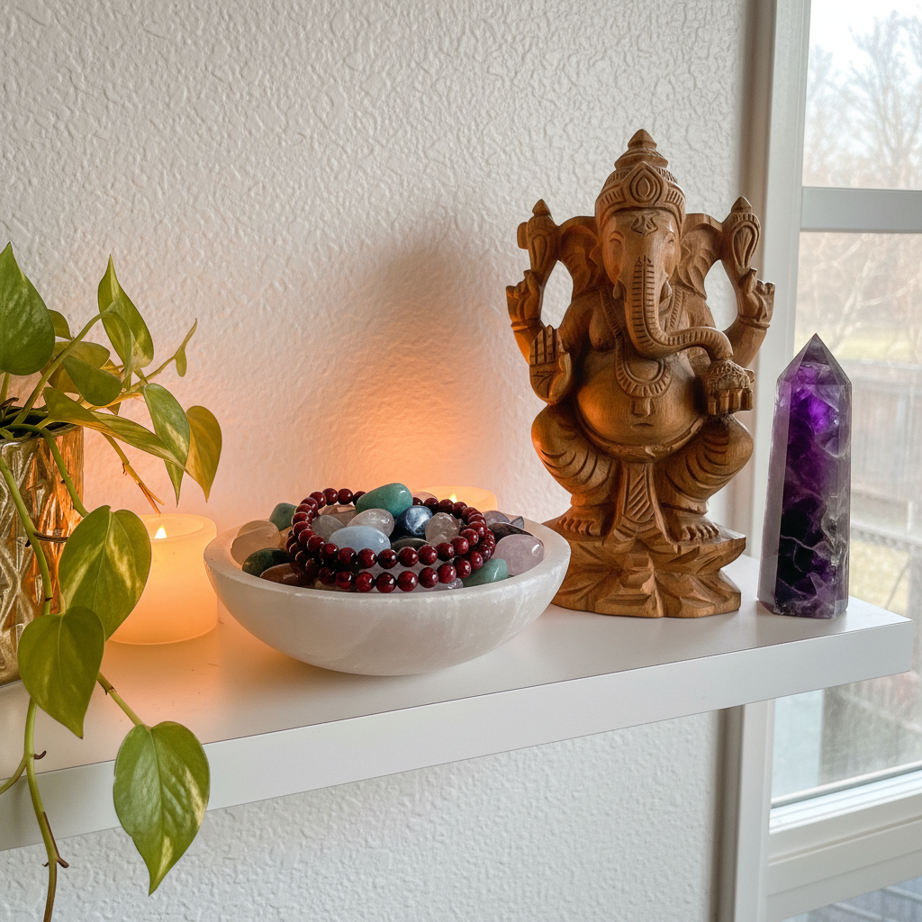 Cuenco de selenita plano con pulsera de granate junto a Ganesha ornamentado