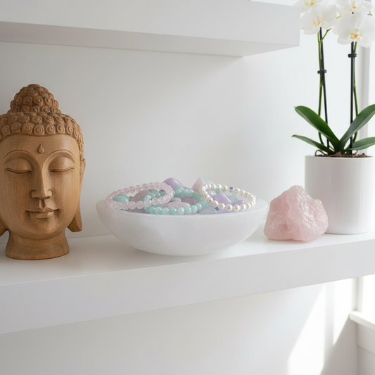 Cuenco de selenita plano con pulseras pastel junto a Buda y orquídea blanca