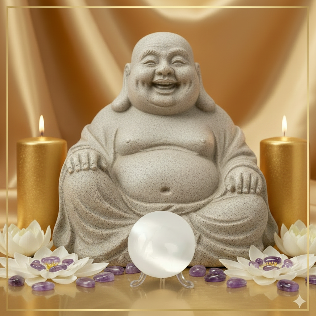 Esfera de selenita blanca sobre expositor de metacrilato Buda Hotei de piedra mandala de pétalos de loto blanco amatistas y velas doradas sobre mármol dorado