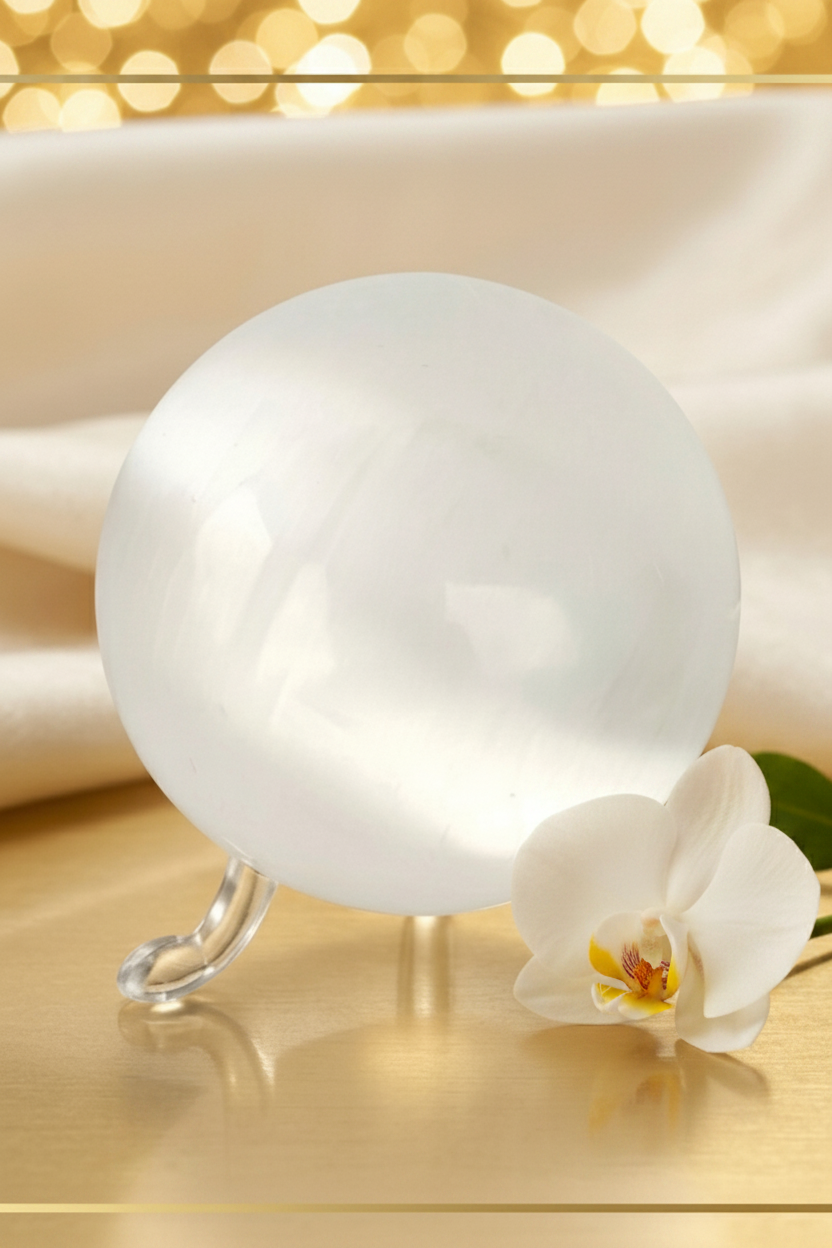 Esfera de selenita blanca sobre soporte de metraquilato con orquídea blanca y tela de seda, superficie dorada, decoración zen premium de lujo