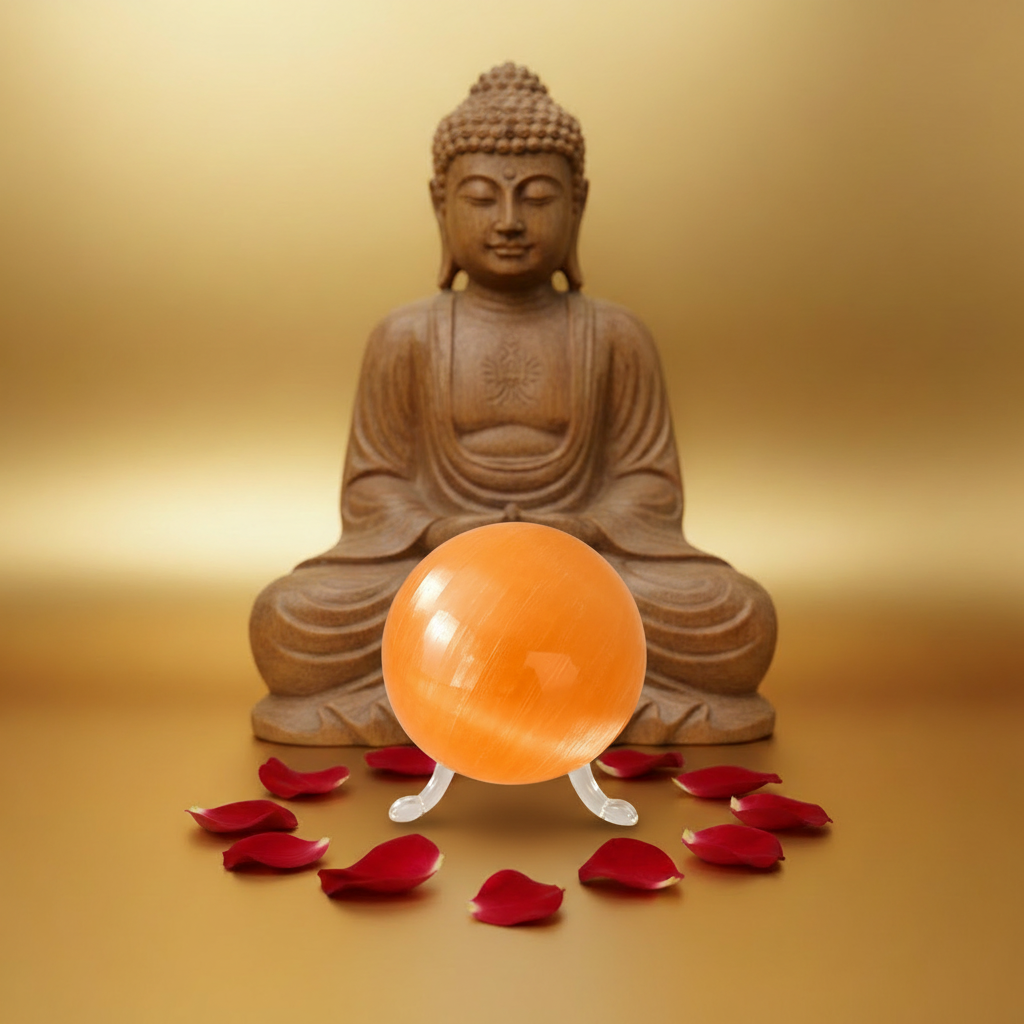 Esfera de selenita naranja de 8 cm frente a estatua de Buda de madera, rodeada de pétalos de rosa rojos sobre fondo dorado