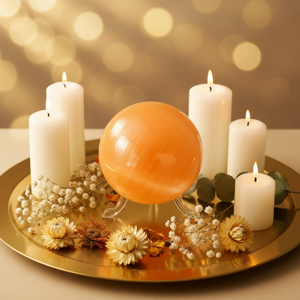 Esfera de selenita naranja 8 cm en altar zen con velas blancas y flores secas sobre fondo dorado