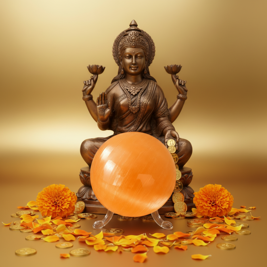 Esfera de selenita naranja 8cm frente a estatua de bronce de Lakshmi con flores de caléndula y monedas doradas y fondo dorado